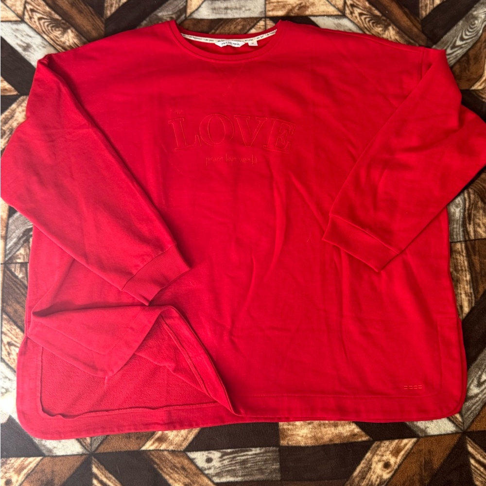 Peace Love World Red Crewneck Sweater with Embossed 'LOVE'